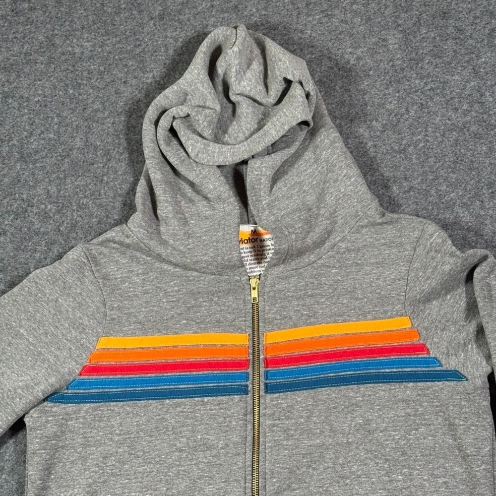 Aviator Nation Mens 5-Stripe Zip Up Hoodie Heather Grey Rainbow Size M NWOT - Picture 3 of 8